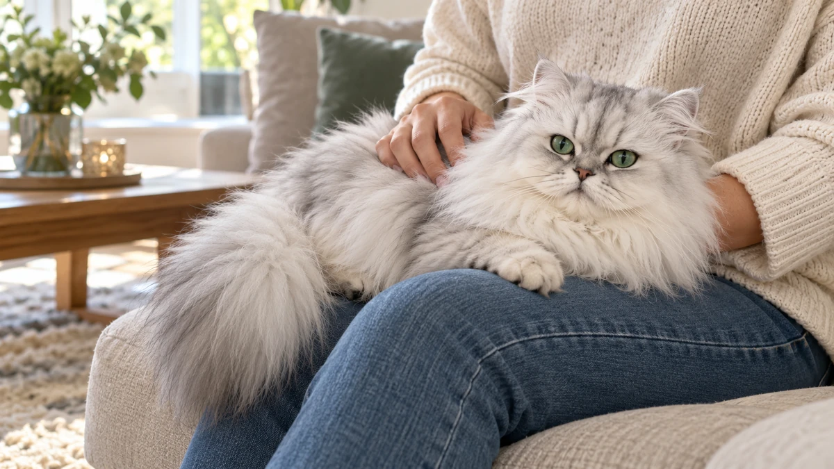 Chinchilla Kedi kedi — sahibinin kucağında