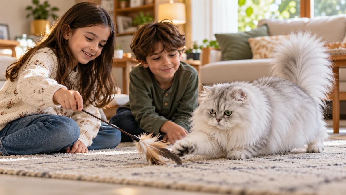 Chinchilla Kedi kedi — çocuklarla oyun